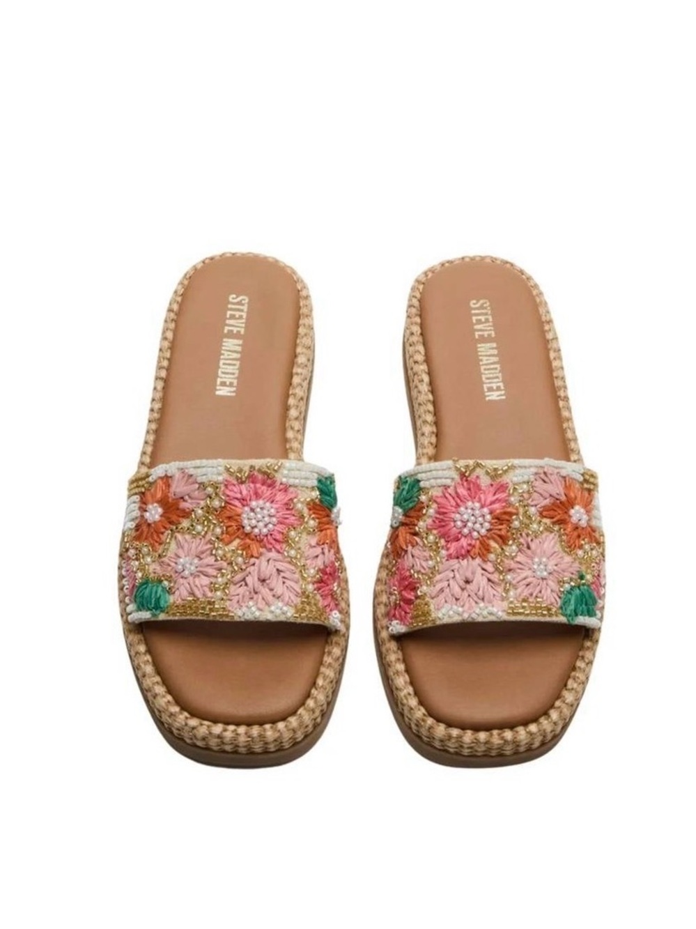 Steve Madden Beaded Floral Slide Sandals Raffia Platform Size 9 #018